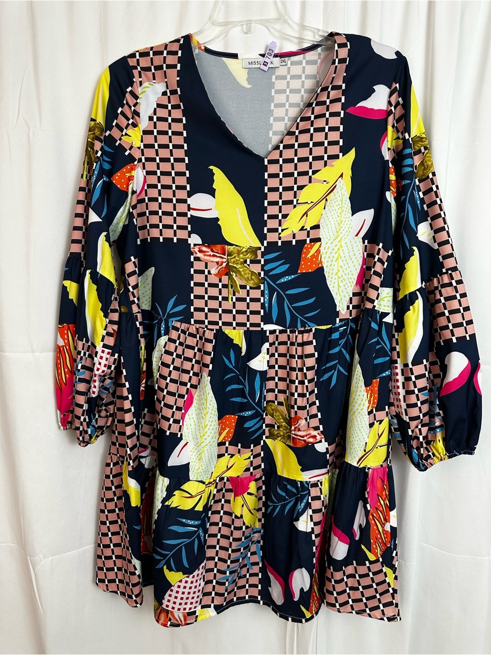 MISSLOOK Navy Tropical Floral Patchwork Midi Dress with Yellow & Pink Accents